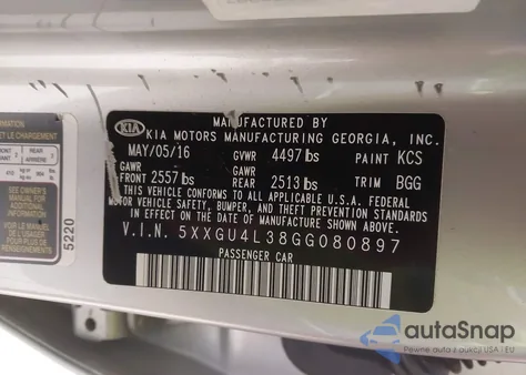 2016 Kia Optima Ex from USA, damaged, VIN 5XXGU4L38GG080897